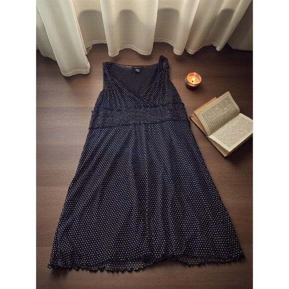 BCBGMaxAzria Black Polka Dot Dress – Mesh Sleeveless Midi M – Lined, Flowy - Picture 1 of 7